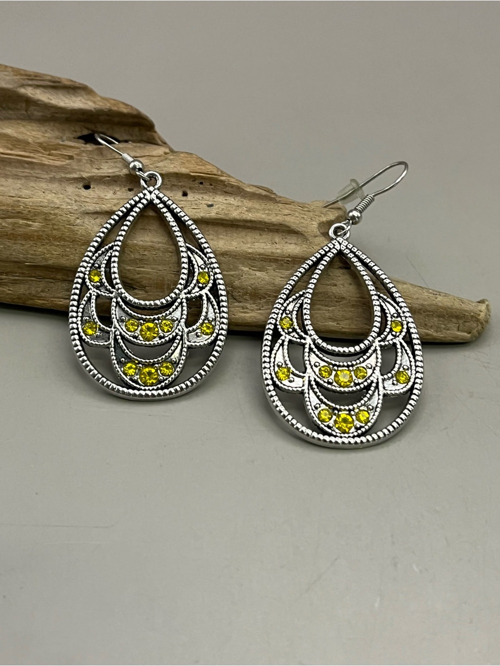 Silver Tone Citrine Yellow Crystal Filigree Teardrop Dangle Earrings Chandelier